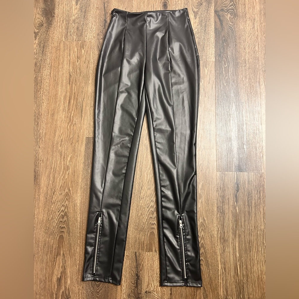 Helmut Lang Lambskin Black Leather Pull On Skinny Pants Zipper Stretch Size 4